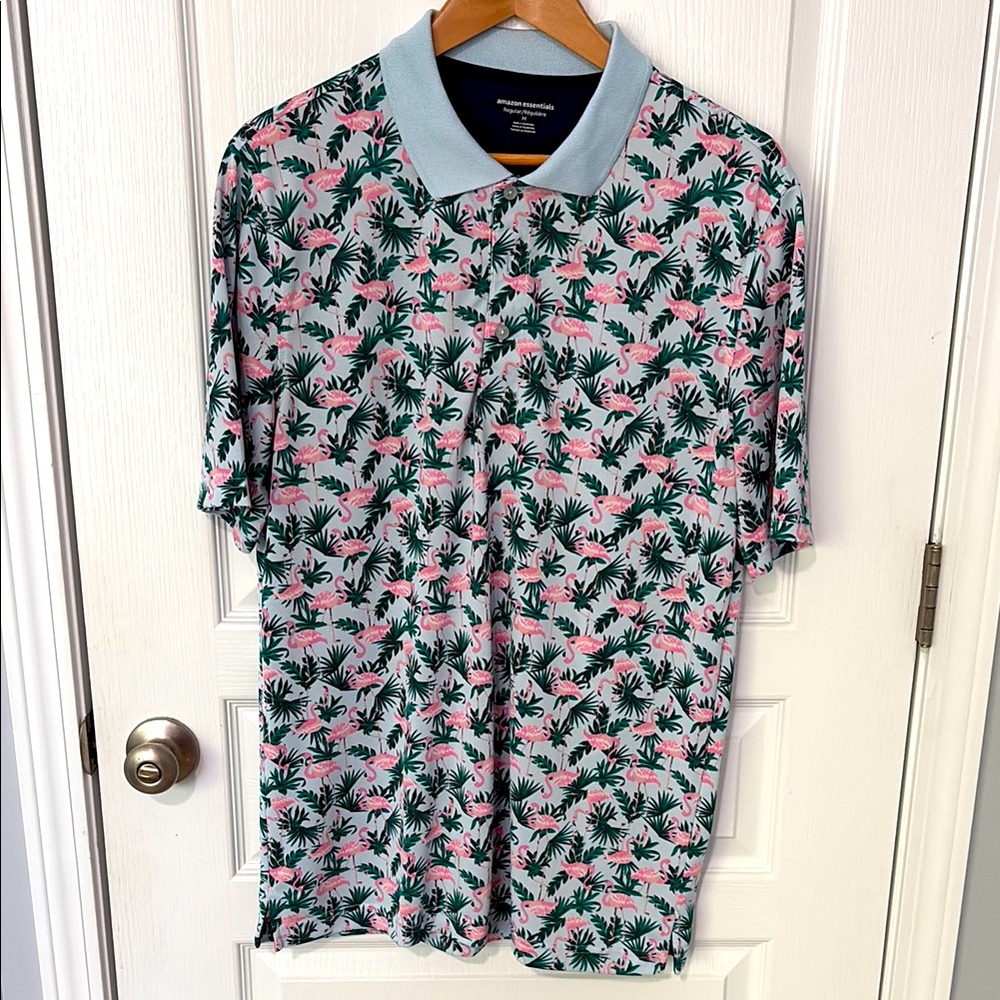 Amazon Essentials Pink and Green Polo Shirt with Playful Flamingo Design